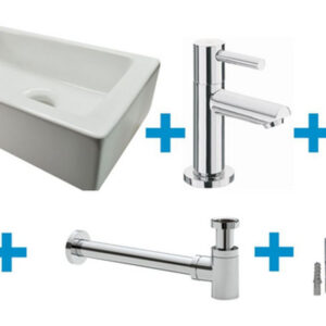 Fonteinset Rhea S mini met fontein links glans wit, kraan, sifon en afvoerplug chroom