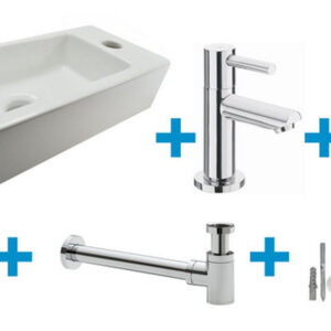 Fonteinset Rhea S mini met fontein rechts glans wit, kraan, sifon en afvoerplug chroom