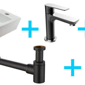 Fonteinset Rhea S mini met fontein rechts glans wit, Casma kraan, sifon en afvoerplug zwart/chroom